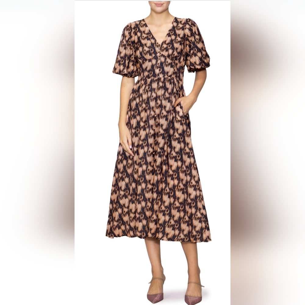 NWT - Melloday "Abstract Animal" Bubble Sleeve Fit & Flare Midi Dress - Size L